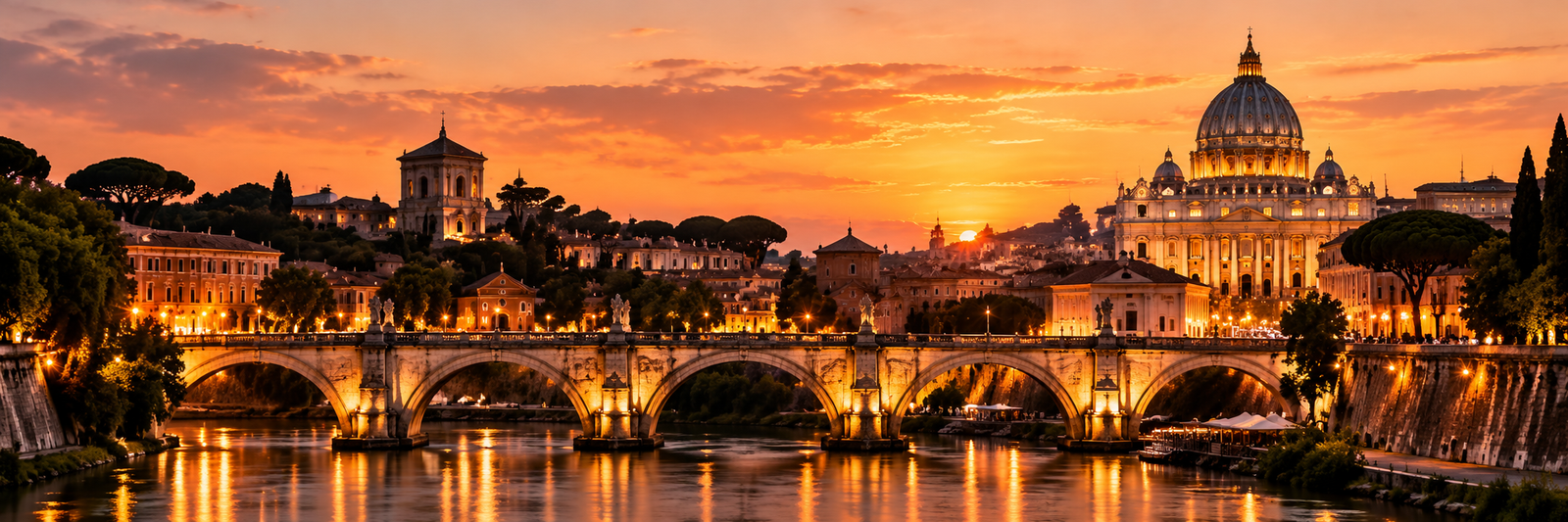 Rome at sunset, with a stone bridge over the river and St. Peter's dome.